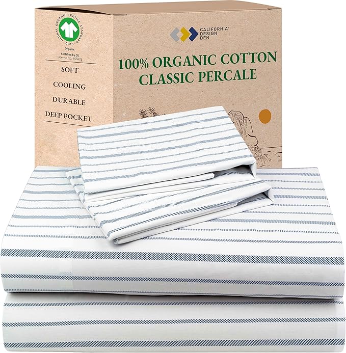 California Design Den Full Sheet Set Stripe, 100% Organic Cotton Percale Sheets, Deep Pocket Full Sheets & Pillowcase Set - Blue Stripe