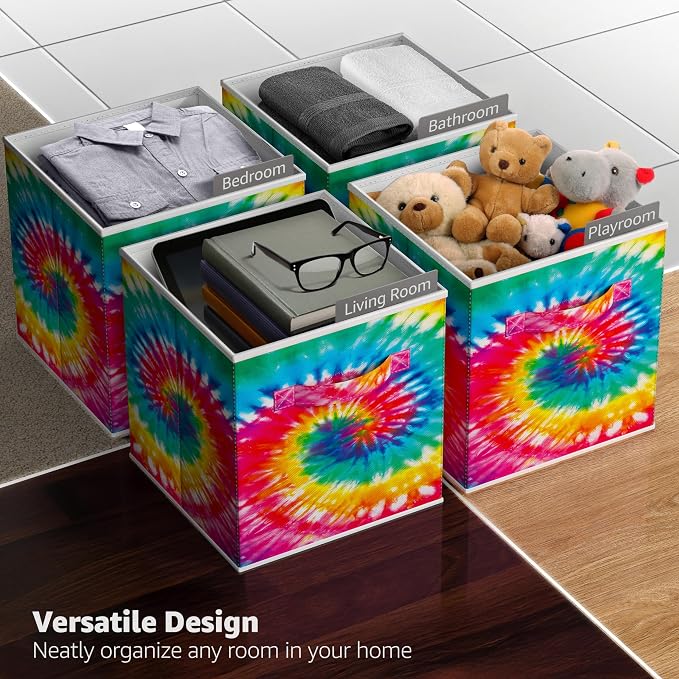 Sorbus 11 Inch Fabric Storage Cubes - Sturdy Collapsible Storage Bins & Handle - 6 Foldable Baskets for Organizing Clothes - Multi Colored Storage Baskets for Shelves (Dark Tie-dye, 11 Inch) - Image 5