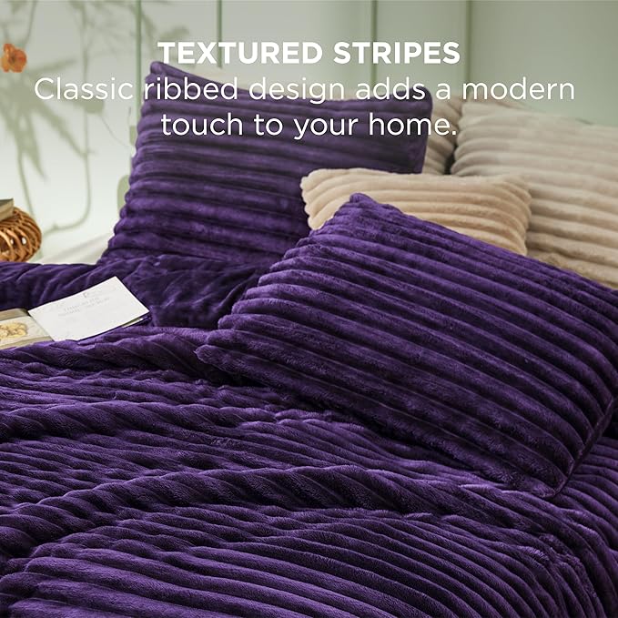 Bedsure Cal King Comforter Set - GentleSoft™ 3 Pieces Double-Side Fleece Fluffy Purple Comforter Set, Cozy Striped Room Decor Aesthetic, Luxury Cal King Bedding, 2 Pillowcases, 104x96 Inches