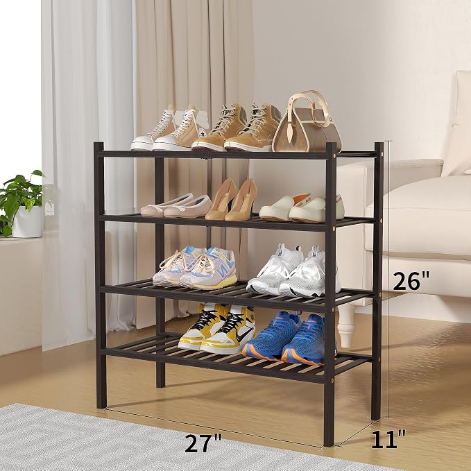 ROMGUAR CRAFT 4 Tier Bamboo Shoe Rack for Closet Free Standing Wood Shoe Shelf for Entryway Small Space Stackable 27"x11"x26" (Brown) - Image 3