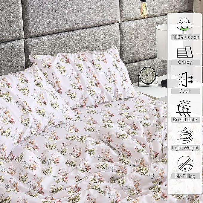 RUVANTI 100% Cotton Sheets – Twin Size Percale Bedding, Cooling & Breathable Floral Design, Durable with a Crisp, Soft & Comfortable Feel, 16" Deep Pocket, 3-Piece Set, Floral Bliss
