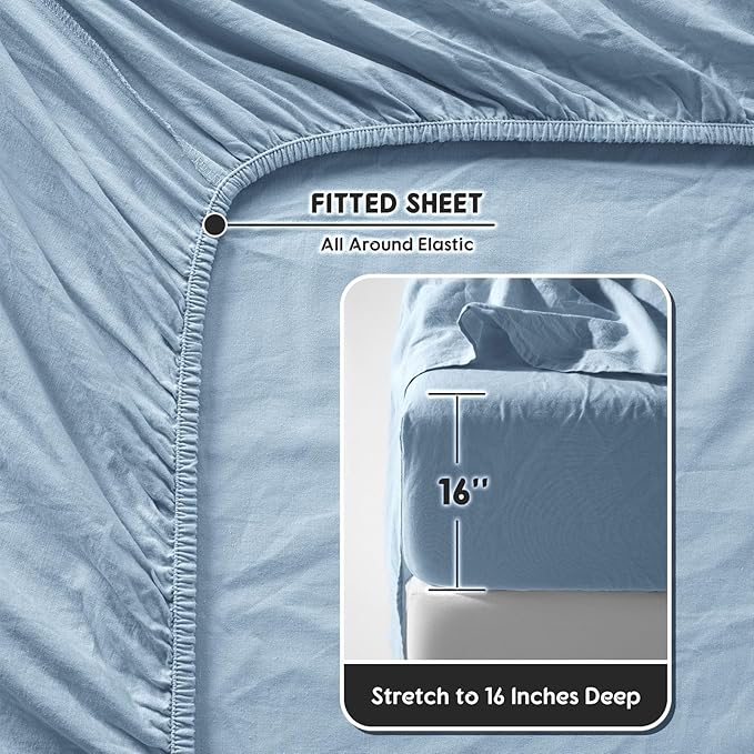 SONORO KATE 100% French Pure Linen Sheets, Breathable and Durable Queen Size Sheets, 16 Inch Deep Pocket - 4 Piece (Dusty Blue)