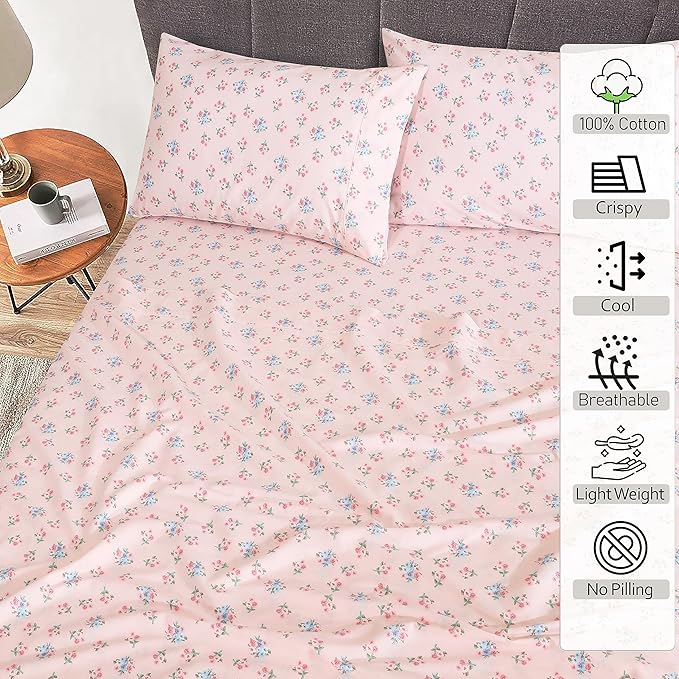 RUVANTI 100% Cotton Sheets – Queen Size Percale Bedding, Cooling & Breathable Floral Design, Durable with a Crisp, Soft & Comfortable Feel, 16" Deep Pocket, 4-Piece Set, Spring On