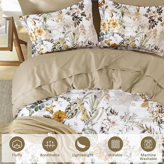 WONGS BEDDING 7 Pieces Bed in a Bag, Brown Comforter Set Queen Size, Colorful Botanical Flowers Leaves Pattern Bedding Set with Comforter, Sheets, Pillowcases & Shams