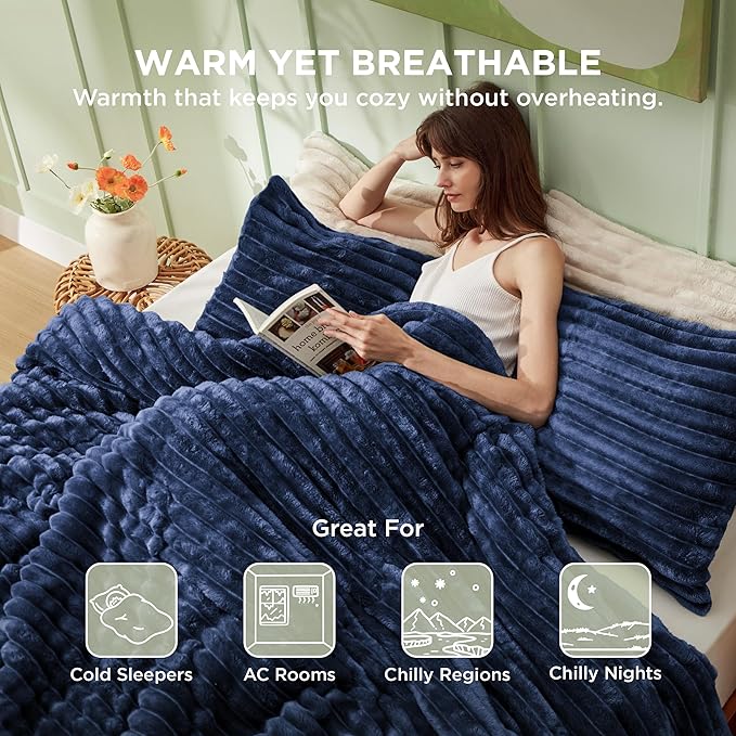 Bedsure King Comforter - GentleSoft™ 3 Pieces Double-Side Fleece Fluffy Navy Blue Comforter Set, Cozy Striped Room Decor Aesthetic, Luxury King Size Bedding with 2 Pillowcases, 104x90 Inches