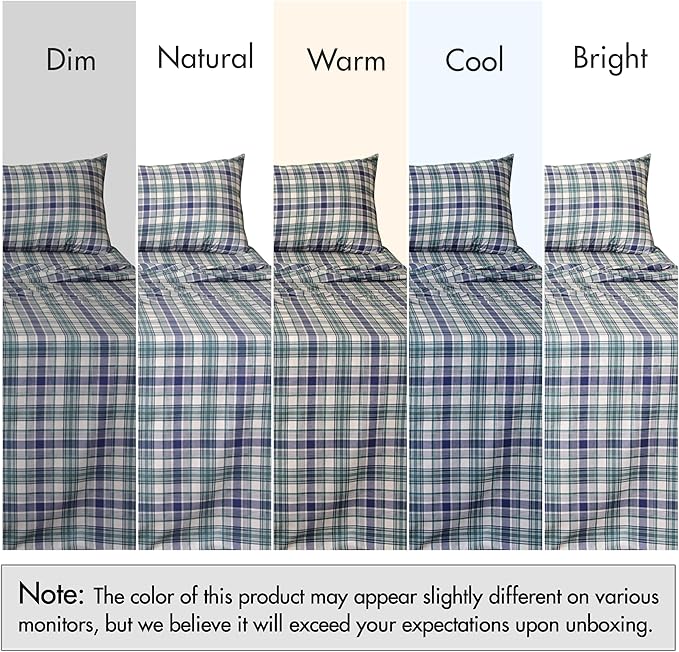 RUVANTI 100% Cotton Sheets – King Size Percale Bedding, Cooling & Breathable Floral Design, Durable with a Crisp, Soft & Comfortable Feel, 16" Deep Pocket, 4-Piece Set, Greenish Blue Plaid