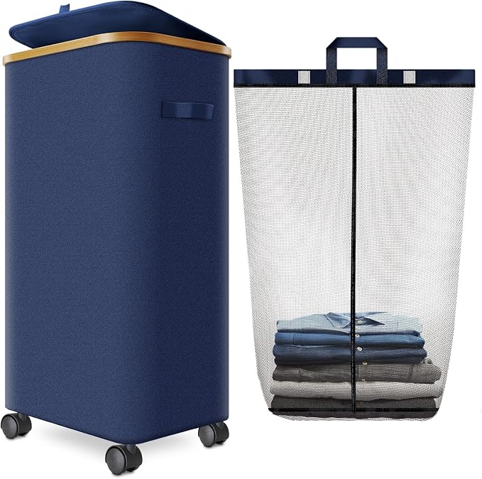 Laundry Hamper with Wheels,29 Gal (110L) Laundry Basket with lid Rolling Clothes Hamper Foldable Dirty Clothes Basket on wheels with Bamboo Frame and Bag for Bedroom, Dorm, Laundry Room-Blue by Wuevu