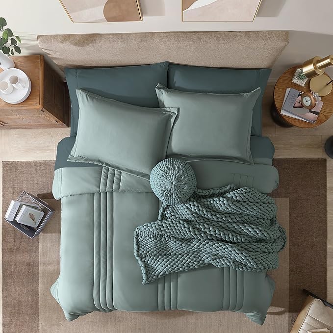 Monbix Oversized King Size Comforter Set - 7 Pieces Sage Green Bed in a Bag Oversized King Bedding Sets with Comforters, All Seasons Comforter Bed Set with Sheets, Pillowcases & Shams