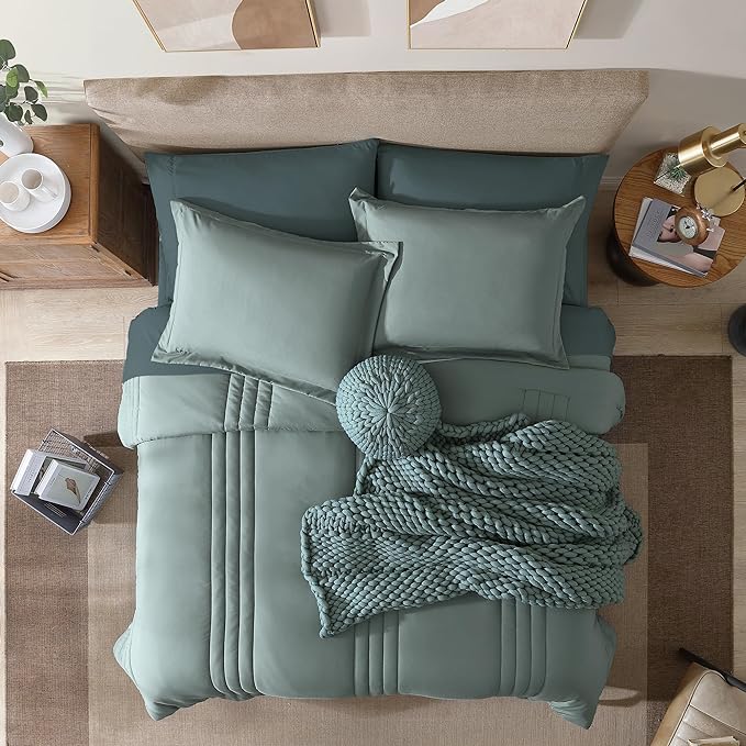 Monbix Oversized Queen Comforter Set - 7 Pieces Sage Green Bed in a Bag Oversized Queen Bedding Sets with Comforters, All Seasons Comforter Bed Set with Sheets, Pillowcases & Shams