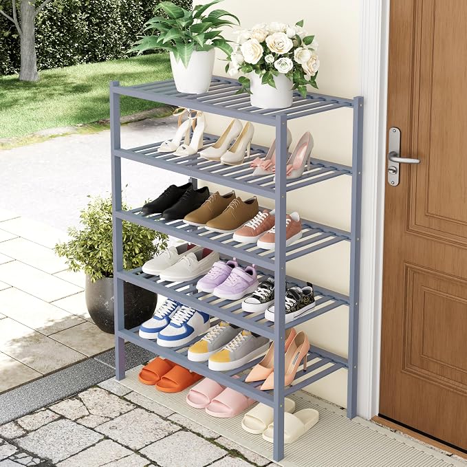 Smiry Shoe Rack, 5 Tier Thick Bamboo Shoe Organizer, Stackable Free Standing Wooden Shoe Storage Shelf for Closet, Entryway, Front Door Entrance, Grey - Image 7
