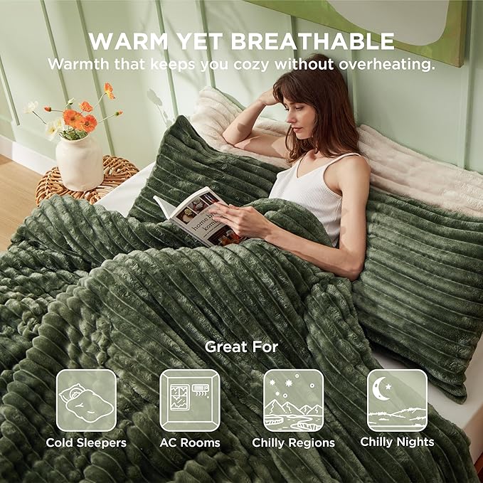 Bedsure Full Size Comforter Sets - GentleSoft™ 3 Pieces Double-Side Fleece Fluffy Olive Green Comforter Set, Cozy Striped Room Decor Aesthetic, Luxury Full Size Bedding, 2 Pillowcases, 82x86 Inches