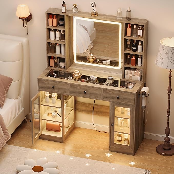 Grey Vanity Desk with Mirror and Lights, Glass Top Vanity with Lighted Mirror & RGB Cabinet and 3 Drawers, Dressing Table with 8 Shelves, Makeup Desk with Lights for Girls Bedroom, 3 Color Modes