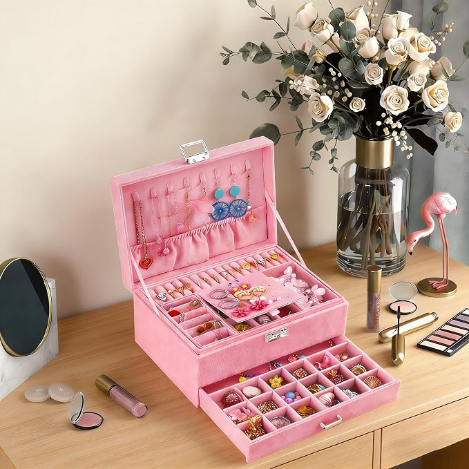 QBestry 3-Layer Jewelry Box for Girls & Teens with Lock and Key, Large Jewelry Organizer with 8 Necklace Hooks & 56 Earring Holes, Pink Velvet Jewelry Storage Box for Necklaces Earrings Rings Bracelet - Image 3