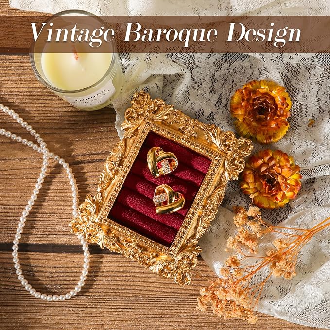 Vintage Ring Holder Rectangle Gold Velvet Display Stand - Baroque Jewelry Organizer Box Tray for Wedding Engagement Anniversary Women Birthday Christmas Gift Photograph Prop (MPF05-Gold Red) - Image 3