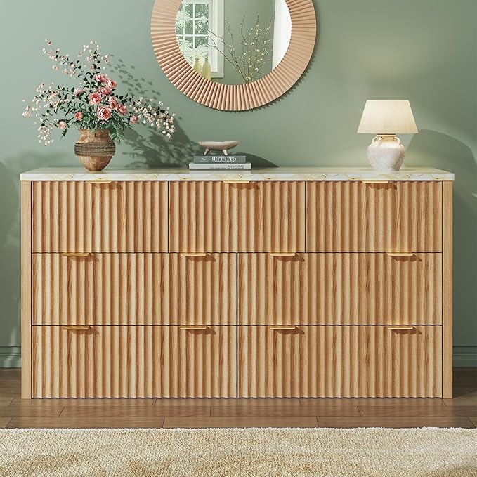 HUAHUU Fluted Dresser for Bedroom with 7 Drawers, 53" Wide Mid Century Modern Dressers with Faux Marble Top & Metal Handle, Wooden Chest of Drawers TV Stand, Natural Oak