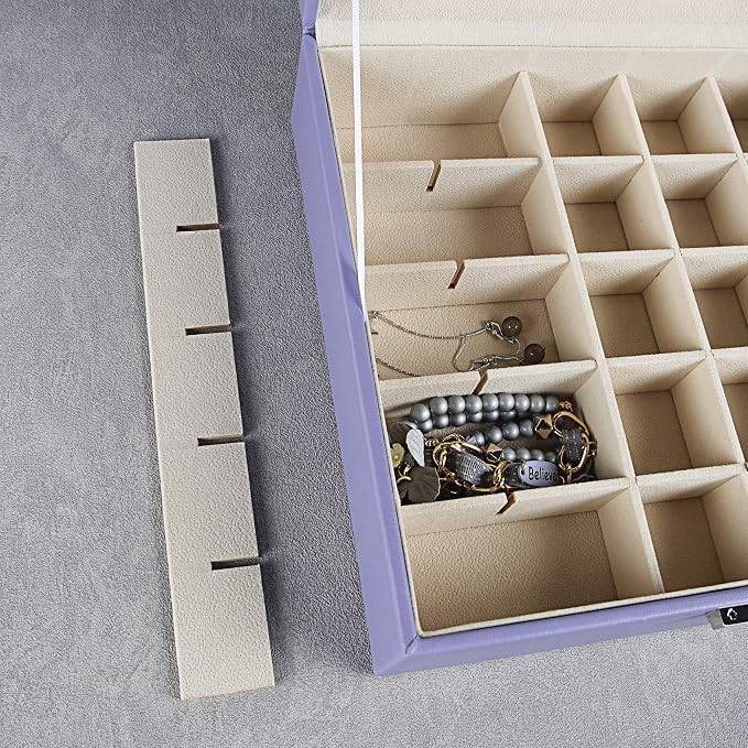 Frebeauty Earring Organizer Classic Jewelry Box 50 Slots Double Layer Jewelry Storage Case with 6 Necklace Hook and Bracelet Pocket(Purple) - Image 5
