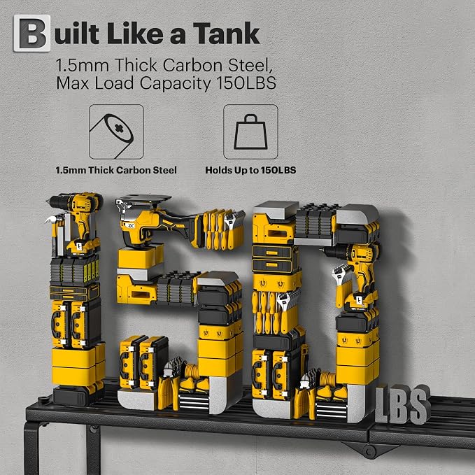 Spampur Power Tool Organizer Wall Mount, 15 Min Assembly & Maximum 100lb load by Heavy Duty Metal, 8 Drill Holder, 3 Layers Garage organization and Storage Rack, Tool Shelf With Battery Holder - Image 5