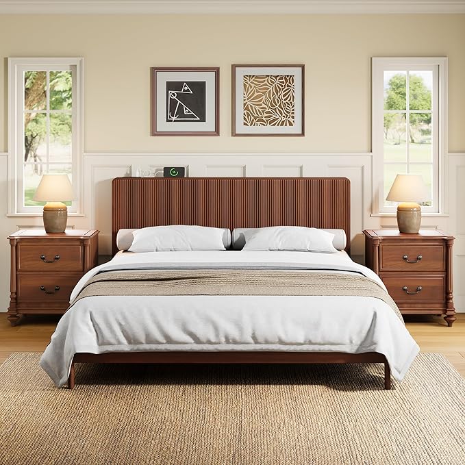 AVZEAR Wood Fluted Headboard King Size, Mid Century Modern King Headboard Only, Wall Mounted Headboard with 2 Outlets and USB & Type C Port, Curved Wooden Bed Headboards, Stylish Bedroom Decor, Walnut