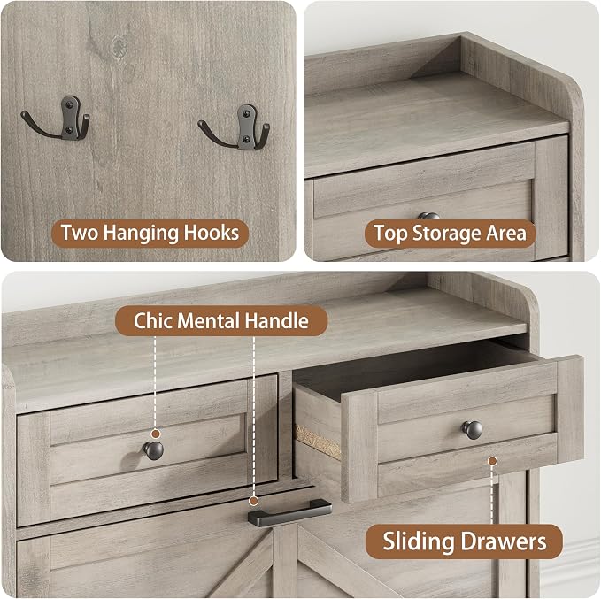 Shoe Cabinet with 2 Flip Drawers & 2 Top Drawers, 43" Tall Freestanding Narrow Wooden Shoe Storage Organizer for Entryway, Hidden Slim Shoe Rack for Front Door Entrance, Hallway, Living Room, Grey - Image 6