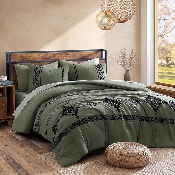 MaiRêve Embroidery Comforter Set, Boho Farmhouse Western Bedding Set, All Season Bed in A Bag Comforter Set with Sheets, Pillowcases & Shams, Olive Green King 7 Pieces