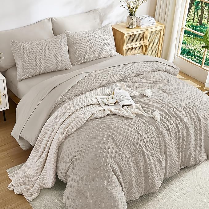 Andency Oversized King Size Comforter Set 7 Pieces Linen - Bed in a Bag Oversized King Boho Lightweight Fluffy Tufted Bedding Sets with Comforter, Sheets, Pillowcases & Shams