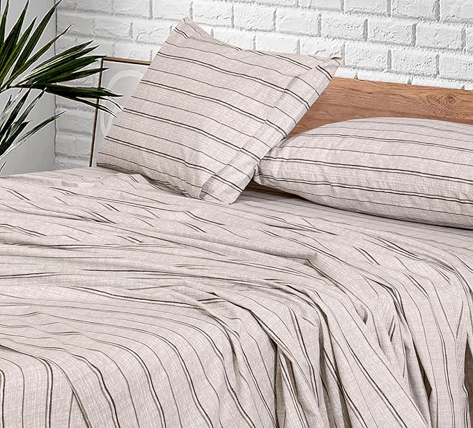 RUVANTI 100% Cotton Sheets – Twin Size Percale Bedding, Cooling & Breathable Floral Design, Durable with a Crisp, Soft & Comfortable Feel, 16" Deep Pocket, 3-Piece Set, Brown Stripes