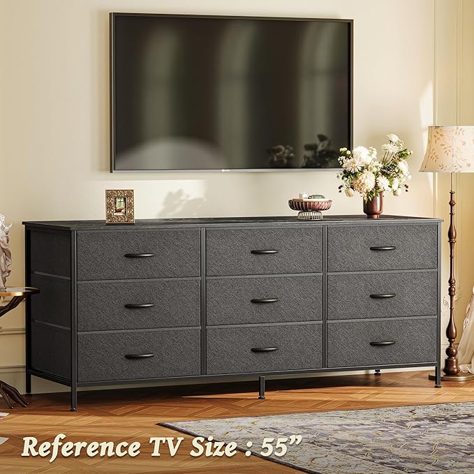 Huuger 9 Drawer Dresser, 55 Inch TV Stand for 55, 60 Inch TV, Entertainment Center with Drawers, Large Storage Fabric Dresser for Bedroom, Closet, Black