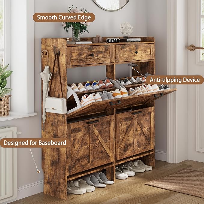 Shoe Cabinet with 4 Flip Drawers & 2 Top Drawers, 43" Tall Freestanding Narrow Wooden Shoe Storage Organizer for Entryway, Hidden Slim Shoe Rack for Front Door Entrance, Hallway, Living Room, Brown - Image 5