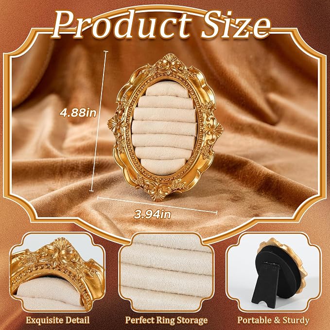 Vintage Ring Holder Rectangle Gold Velvet Display Stand - Baroque Jewelry Organizer Box Tray for Wedding Engagement Anniversary Women Birthday Christmas Gift Photograph Prop (MPF05-White) - Image 6