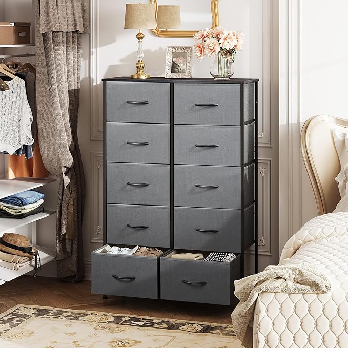 WLIVE Tall Dresser for Bedroom with 10 Drawers, Chest of Drawers, Dressers Bedroom Furniture, Grey Dresser with Fabric Bins for Closet, Hallway, Living Room, Entryway, Dark Grey