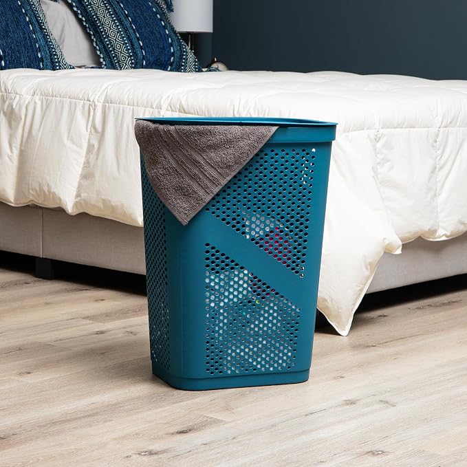 Mind Reader 60L Slim Laundry Hamper, Clothes Basket, Lid, Ventilated, Plastic, Set of 2, Blue - Image 2