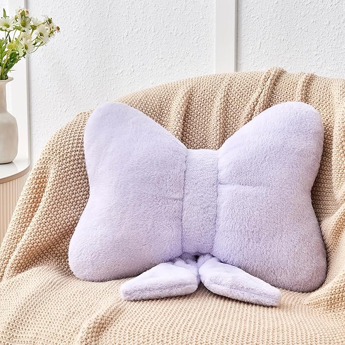 Lavender Bow Pillow,16'' Bow Decorative Pillows with Faux Rabbit Fur,Soft Bow Throw Pillows Aesthetic Bow Shaped Pillow for Bed Sofa Couch Home Decor