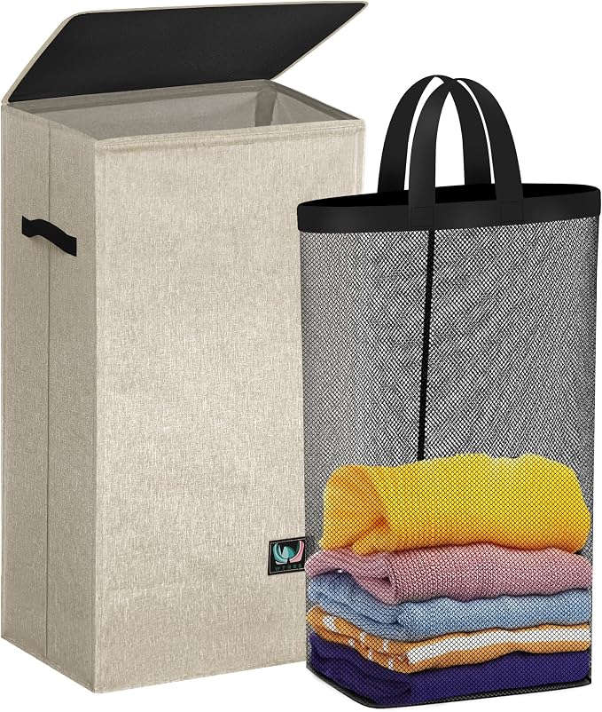WTREE Laundry Hamper with Lid, Reinforced Sturdy Clothes Hamper with Anti-Puncture Base, Large Collapsible Laundry Basket with Removable Liner Bag, Tall Dirty Clothes Bin for Family, 100L Beige by WTREE