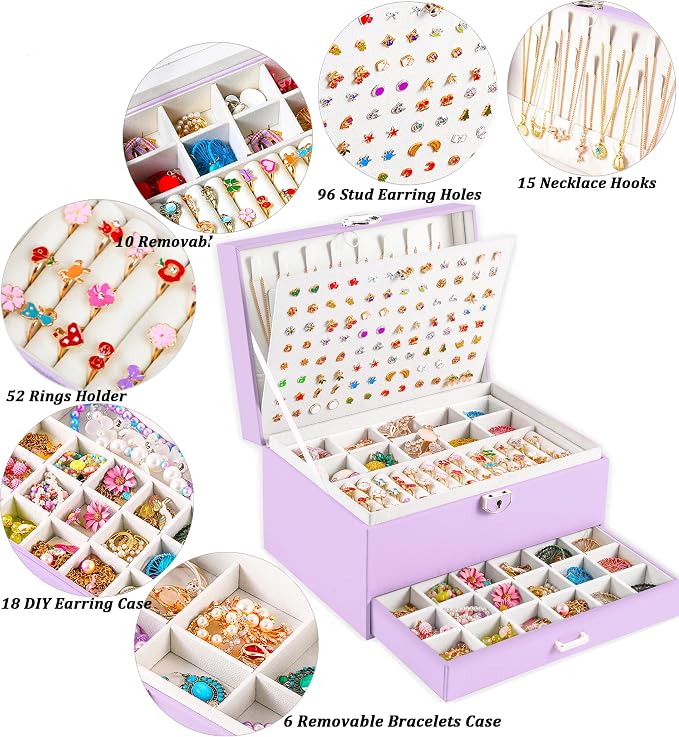 QBestry Earrings Jewelry Box for Girls, 5 Layers Jewelry Organizer with Earring Holder Organizer for Girls Earring Organizer Jewelry Boxes for Women Earrings and Necklaces Jewelry Box Organizer Violet - Image 2