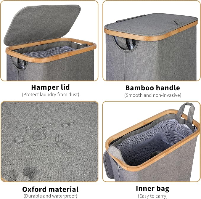 iEGrow 65L Slim Laundry Hamper, Narrow Laundry Basket with Lid,Foldable Clothes Hamper with Bamboo Handles,Hamper Basket with Removable Inner Bag for Laundry Room Bedroom College Dorm,17.17 Gals Grey - Image 3
