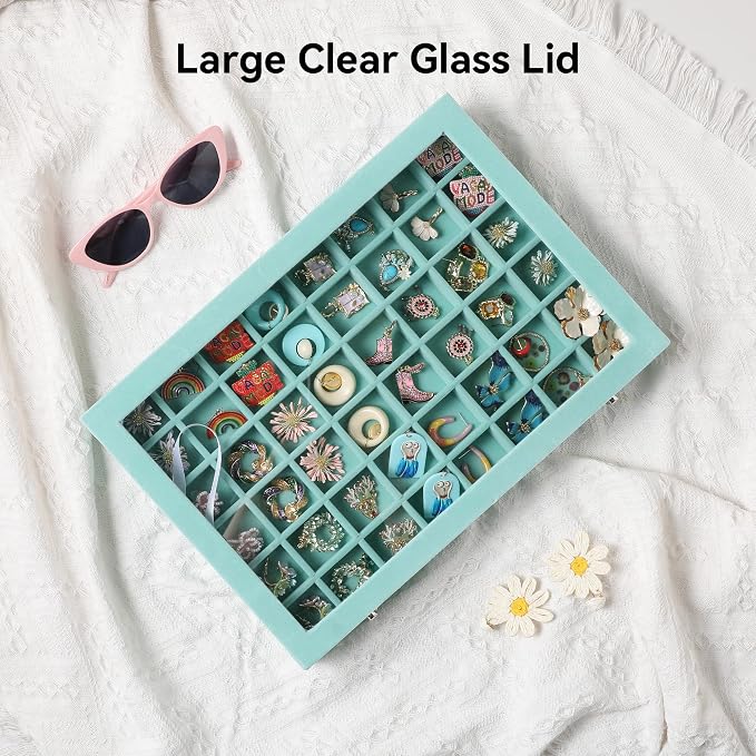Frebeauty 48 Grid Jewelry Tray,Adjustable Earring Holder Organizer with Glass Lid,Velvet Drawer Jewelry Organizer for Rings,Studs,13.8 x 9.5 x 2 Inches Jewelry Display Box,Gift for Women(Turquoise) - Image 7