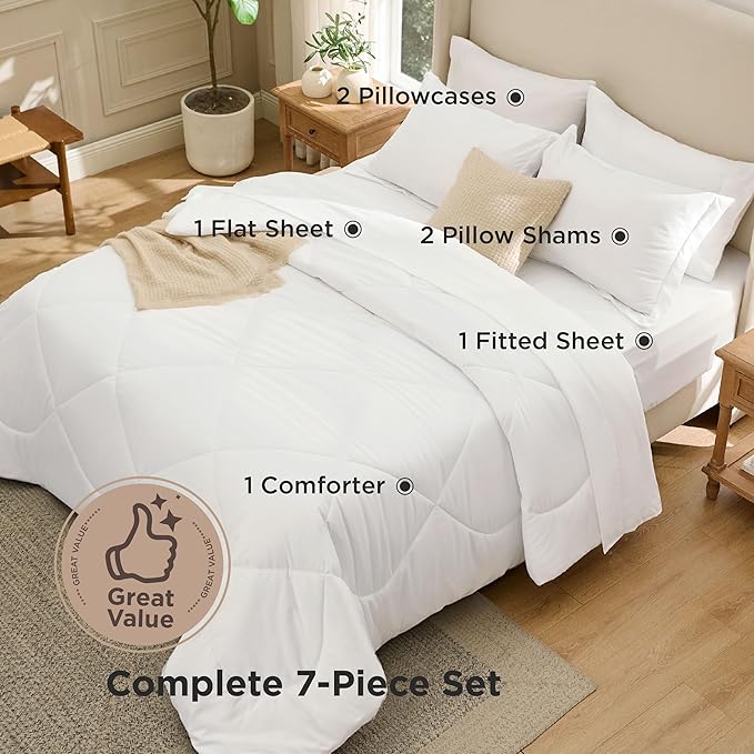 Bedsure 7 Pieces Queen Comforter Set Premium Series, Hotel Luxury Soft Bed in a Bag, Goose Down Alternative, Safe for Sensitive Skin Bedding Comforter All Season Medium Warmth, White Wavy Quilted