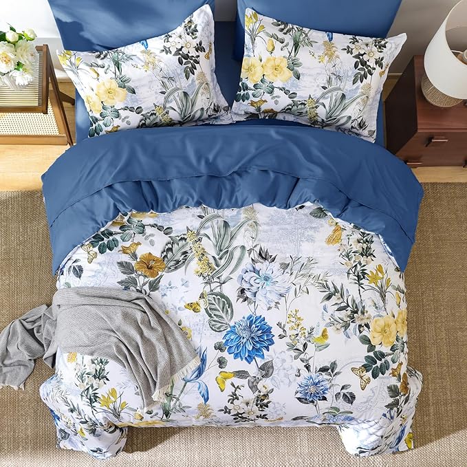 WONGS BEDDING Blue Comforter Set King, 7 Pieces Bed in a Bag Botanical Floral Comforter Bedding Set, Soft Microfiber Comforter with Flat Sheet, Fitted Sheet, Pillow Shams, Pillowcases