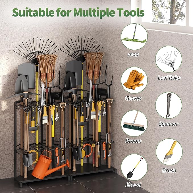 Garden Tool Organizer for Corner - Heavy Duty Metal Rack with 34 Storage Compartments & 14 Hooks for Shovels, Rakes, Long-Handled Tools, Ideal for Garden, Shed, Garage Storage - Image 4