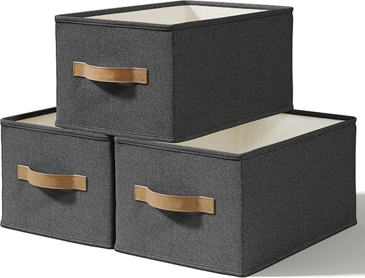 LayerSpace 3 Pack Fabric Storage Bins for Shelves | 14¾" L*10¼" W*8¼" H Closet Storage Bins | Collapsible Closet Organizers for Clothes | Linen Clothes Bins | Black by LaySpace-YourRoomOrganizer