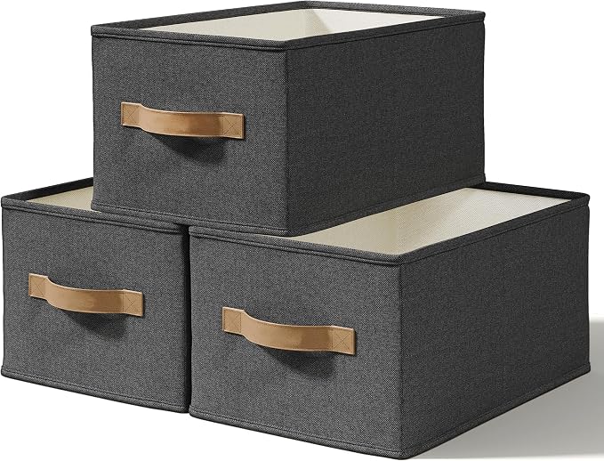 LayerSpace 3 Pack Fabric Storage Bins for Shelves | 16.25x12x10in Closet | Collapsible Bins for Organization | Linen Clothes Storage Bins | Black by LaySpace-YourRoomOrganizer