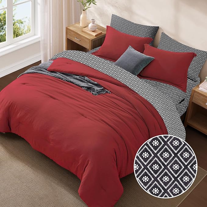 Monbix Queen Comforter Set - 7 Pieces Bright Red Prewashed Bed in a Bag Queen Bedding Sets with Comforters, All Seasons Ultra Soft Comforter Bed Set with Sheets, Pillowcases & Shams