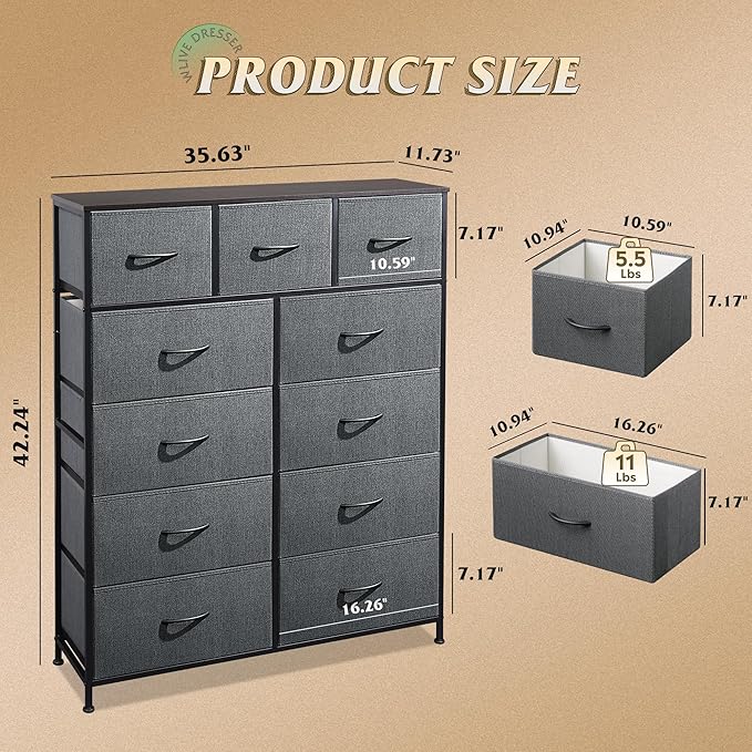 WLIVE Tall Dresser for Bedroom, Fabric Dressers Storage Tower, Dresser & Chest of Drawers Organizer Unit with 11 Drawers, Storage Cabinet, Hallway, Closets, Steel Frame, Wood Top, Dark Grey - Image 3
