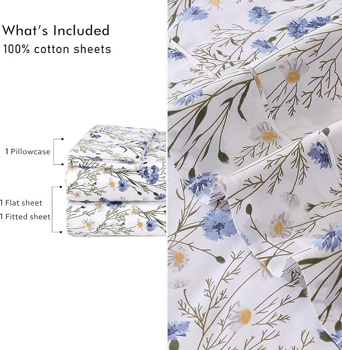 RUVANTI 100% Cotton Sheets – Twin XL Size Percale Bedding, Cooling & Breathable Floral Design, Durable with a Crisp, Soft & Comfortable Feel, 16" Deep Pocket, 3-Piece Set, Sweet Pea