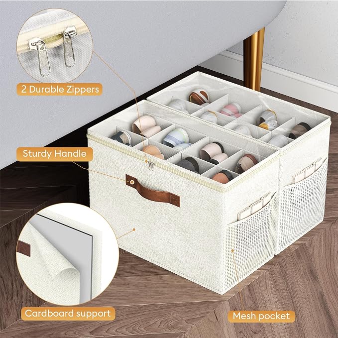 Budding Joy 2 Pack Shoe Organizer for Closet, Clear Foldable Shoe Storage Containers Adjustable Dividers Fits 16 Pairs,Shoe Storage Bins Baskets Boxes with Reinforced Handles Beige - Image 6
