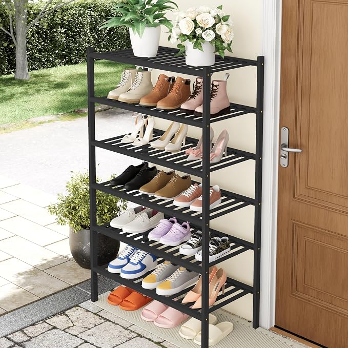 Smiry Shoe Rack, 6 Tier Thick Bamboo Shoe Organizer, Stackable Free Standing Wooden Shoe Storage Shelf for Closet, Entryway, Front Door Entrance, Black - Image 7