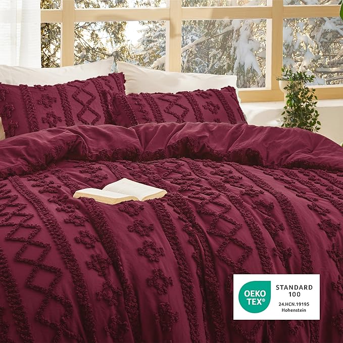 Bedsure Tufted Boho Comforter Set King Size - Burgundy Boho Bed Set, GentleSoft™ 3 Pieces Farmhouse Shabby Chic Embroidery Bedding, Gifts for Woman, Soft Jacquard King Comforter for All Seasons