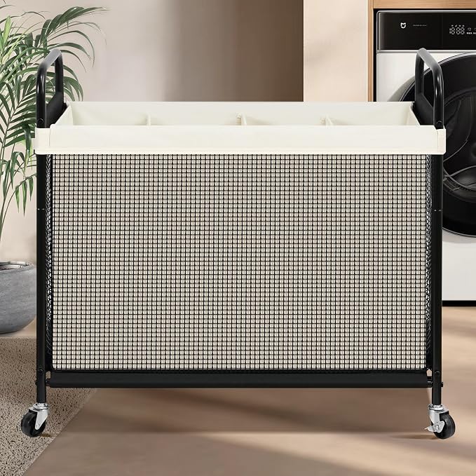 STO STO Laundry Hamper 4 Section, 140L Rolling Laundry Sorter Cart with Removable and Washable Liner Bag, Clothes Hamper with Wheels and Metal Handle for Laundry Room and Bedroom, Beige - Image 2