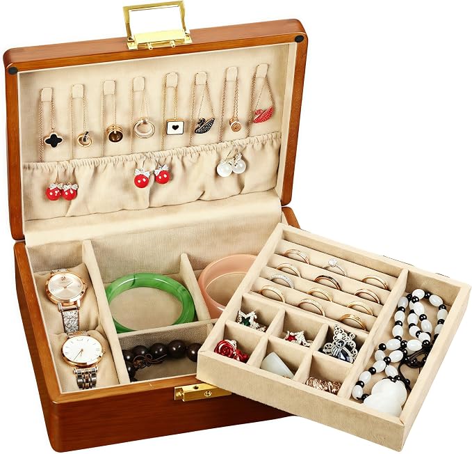Solid Walnut Wood Jewelry Organizer Box with Lock, 2-Layer Vintage Jewelry Box for Men Women, Velvet-Lined Storage for Earrings Rings Necklaces Bracelets Watches Perfect Father Day Gift Khaki by LIBOLXSP