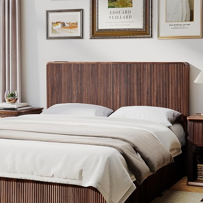 AVZEAR Fluted Headboard Queen Size, Modern Wood Queen Headboard Only, Mid Wall Mounted Headboard with 2 Outlets and USB & Type C Port, Century Curved Wooden Bed Headboards Bedroom Decor, Walnut